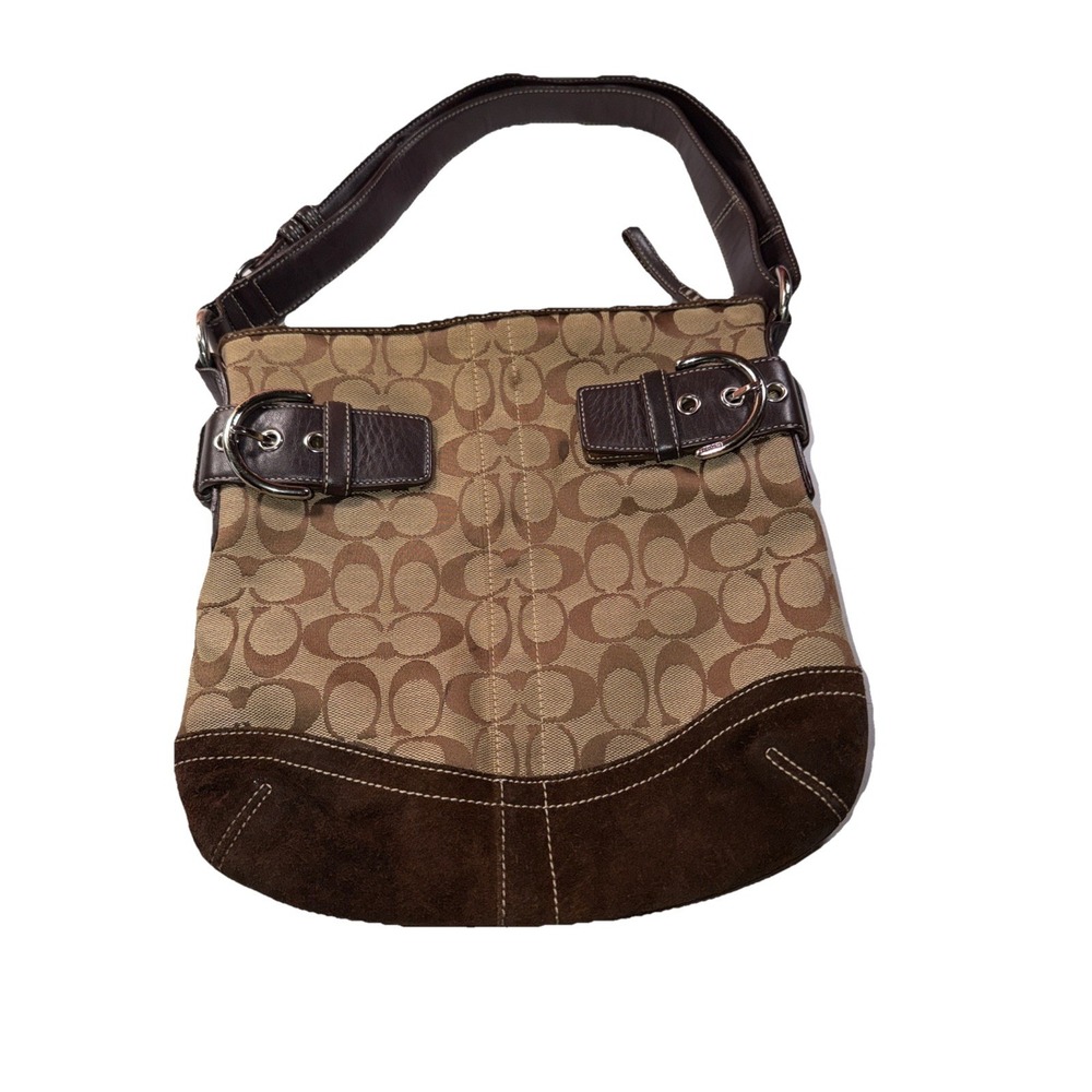 Vintage Coach SOHO Tan Monogram Canvas Shoulder Bag Brown Suede Leather H05K8574